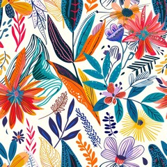 Seamless textile art pattern with hand-drawn abstract floral designs, leaves and plants in bright, inviting colors on a clean background