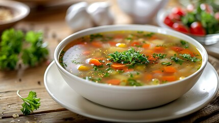 Experience the comforting embrace of a hearty meal with a photograph showcasing homemade vegetable soup. served elegantly on a white plate with a delicate parsley garnish.