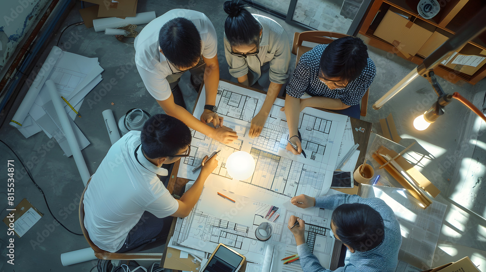 Poster top view of group of smart asian architect interior design team consulting with constrction engineer work brainstrom  meeting with house project blueprint and home mockup in house reno : Generative AI