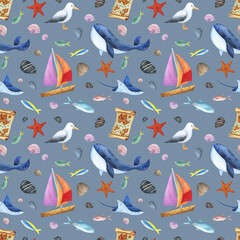 Sea animals, whale, stingray, fish, map, ship, shells, stones on a gray background. Watercolor illustration. Seamless pattern. For fabrics, textiles, wallpaper, wrapping paper, design
