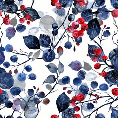 Fototapeta na wymiar Seamless pattern featuring clusters of wild berries intertwined with abstract, leafy designs in a watercolor style, suitable for eco-friendly fabric