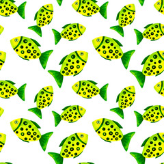 Yellow and green sea fish. Marine underwater seamless pattern, watercolor art in ocean kids style, for decorating children room, package, scrapbook, school, nursery, invitation, print, postcard