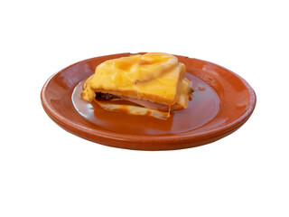 Francesinha portuguese sandwich in the ceramic plate isolated transparent png