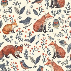 Naklejka premium Seamless pattern of a fox, bear, and birds in hand-drawn style, perfect for eco-friendly wrapping paper or fabric with a focus on nature, isolated background