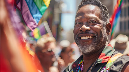 of inclusive festival rainbow american with mature flags pride happy image candid african summer man a black gay parade lgbtq celebrating - Powered by Adobe