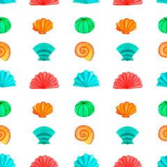 Doodle seashells and stones. Marine underwater sea animal seamless pattern, watercolor art in ocean kids style, for decor children, package, scrapbook, school, nursery, invitation, print, postcard