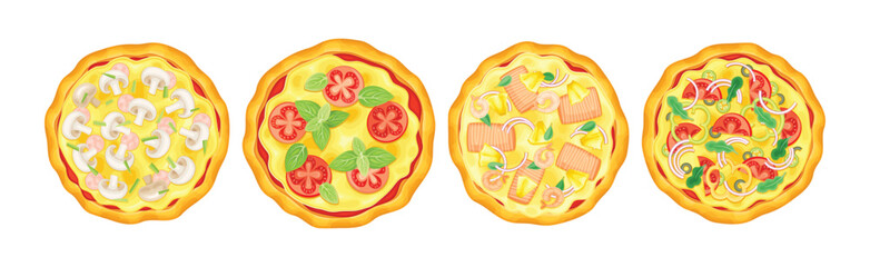 Tasty Pizza Whole and Round with Topping Vector Set