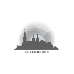 Luxembourg cityscape skyline city panorama vector flat logo, modern icon. Travel landmarks and building silhouettes, isolated clipart at sunset, sunrise, night grey