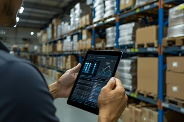 A man holds a tablet with digital warehouse management software