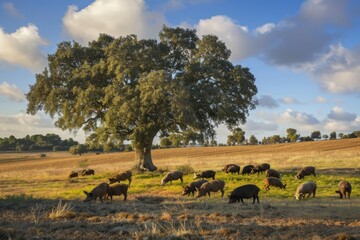 Iberian Pigs Forage Peacefully Under a Grand Oak at Sunset - Generative AI Art