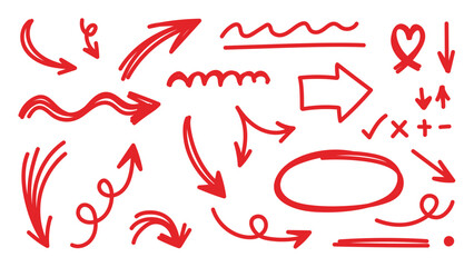 Red Arrow vector. Hand drawn brush stoke, speech bubble, line, cute doodle glitter pen line elements. vector illustration.