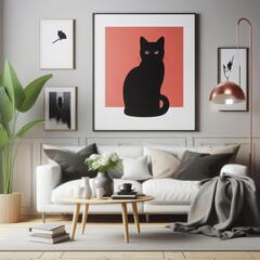 A living room with a template mockup poster empty white and with a couch and a coffee table has illustrative meaning card design.