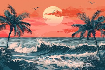 Vibrant Sunset at a Tropical Beach with Waves and Palms Illustrated - Generative AI