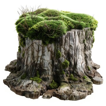 Green Rotten mossy tree stump in white background generated by AI.