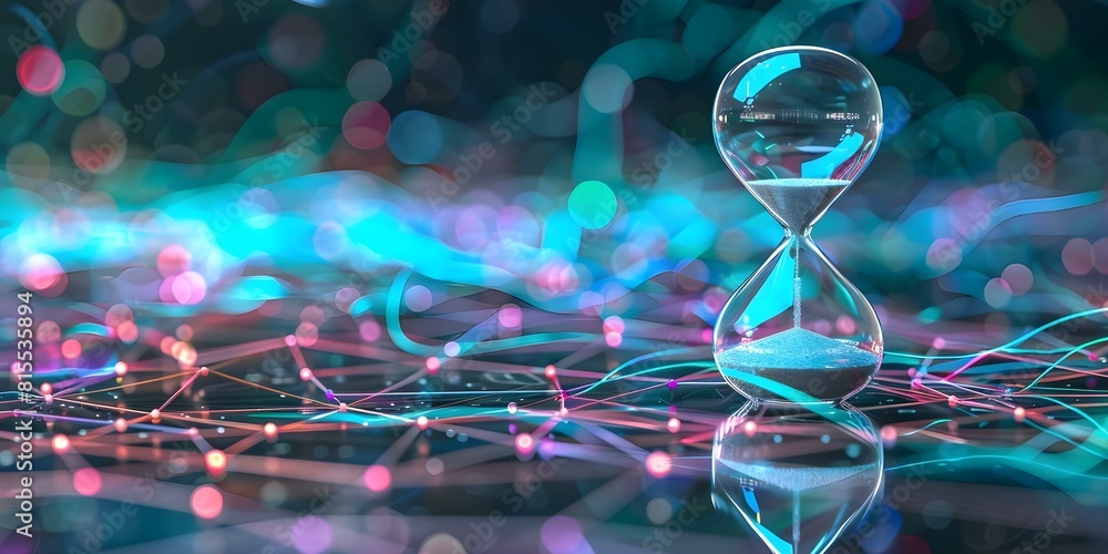 Poster hourglass with sand running symbolizing time passing on dark neural network background. concept time