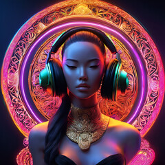 Long hair women with headset and circle neon light background