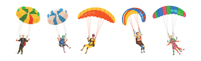 People Character with Parachute Skydiving Floating in Sky Vector Set