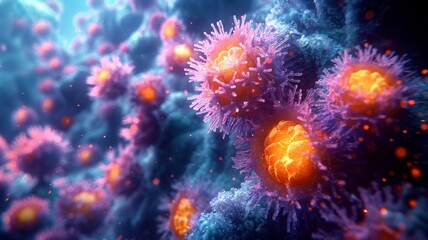 A close-up of a group of protozoa. The image has a surreal and dreamlike feel, and the colors and shapes of microorganisms
