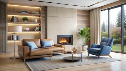 minimalist Beige leather sofa and blue fabric lounge chair in room with fireplace. Minimalist home interior design of modern living room.