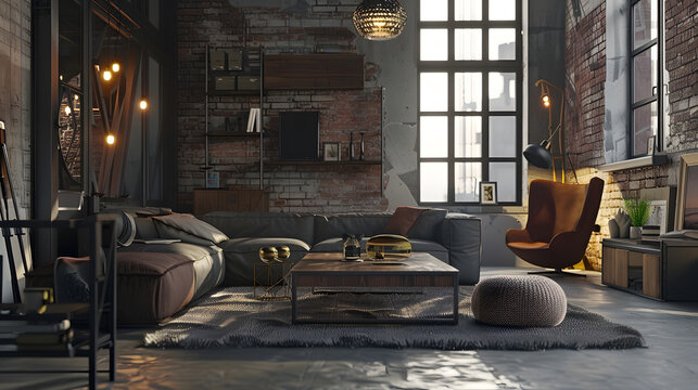 Living room interior in luxury industrial style : Generative AI