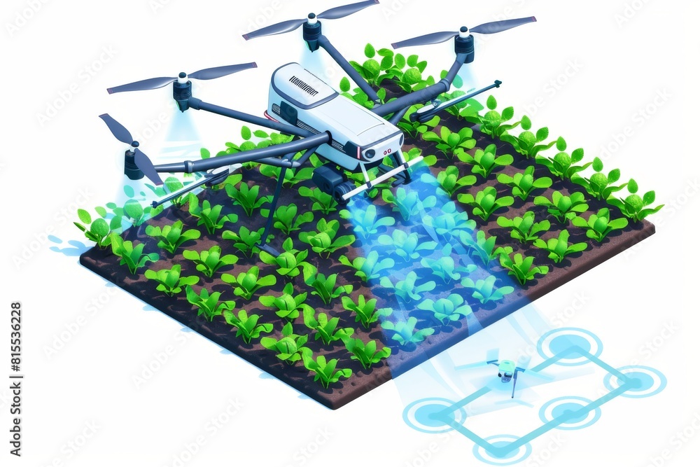 Poster smart farming techniques employ advanced drone technology, integrating aerial views and precise crop