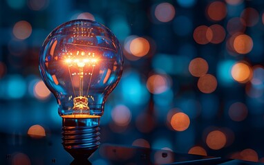 Close-up image of an illuminated light bulb showcasing its glowing filaments against a backdrop of soft, colorful bokeh lights.