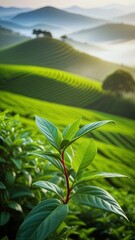 green plant in sunlight with blurred green rolling hills in background, tea plantation. concepts: travel brochures, nature wallpaper, agricultural education, tea cultivation, environmental campaigns, 