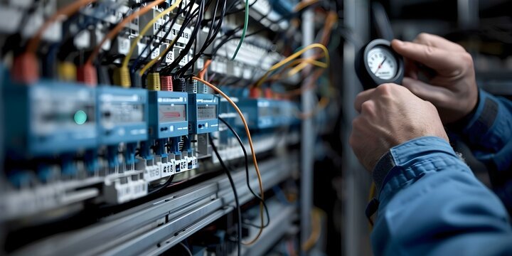 Electrician measuring current flow with ammeter in electrical panel for safety. Concept Electrical Safety, Current Measurement, Ammeter Usage, Panel Inspection, Professional Electrician