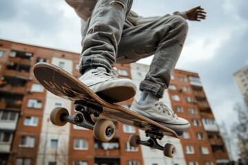 Urban city setting  close up shot of a young man skateboarding for trendy street style enthusiasts