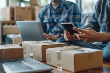 A man is sitting on a box with a tablet in his hand. sme and delivery concept