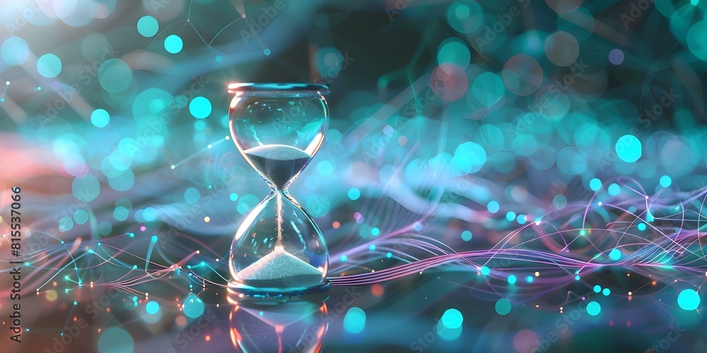 Poster time passing symbolized by hourglass with sand running on dark neural network background. concept ti