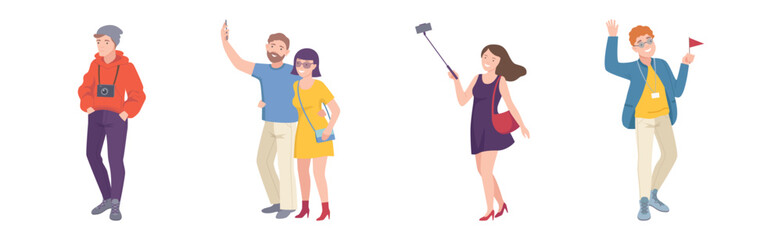 People Tourist Character on Excursion Go Sightseeing and Take Photos Vector Set