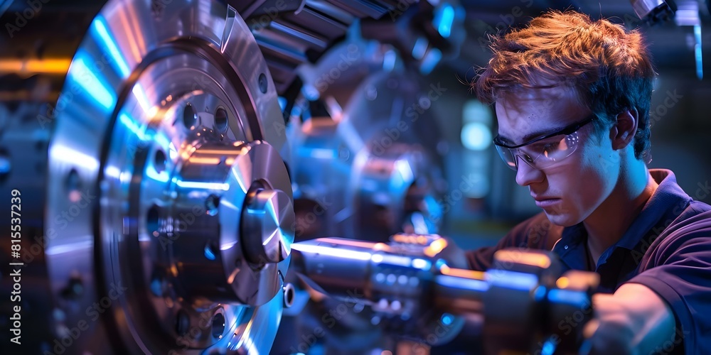 Poster machinist uses hightech tools to check new equipment for accuracy and efficiency. concept machining 
