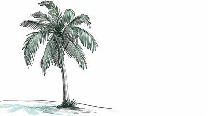 Sketch of a single palm tree with sweeping green fronds, rendered in a vintage hand-drawn style, isolated on a clean white background