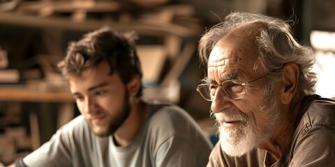 Experienced senior carpenter mentors apprentice in workshop sharing expertise and knowledge. Concept Carpentry skills, Mentorship, Workshop training, Knowledge sharing, Senior apprentice dynamic