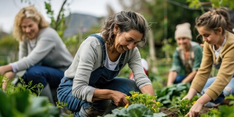 Happy people of all ages working in the vegetable garden. Parents and children tend the garden together. Organic gardening