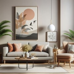 A living room with a template mockup poster empty white and with a couch and a painting on the wall image art lively used for printing.