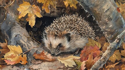 Tranquil watercolor painting of a hedgehog uncurling in a forest clearing, the hand-drawn details showcasing its spines and curious nose