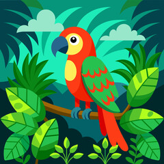 Colorful cartoon macaw perched on a tropical branch