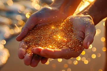 Golden sand in palms on the beach. Background with golden bokeh. Generated by artificial intelligence