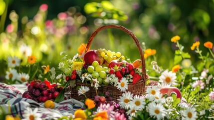 Fototapeta premium Basket with fruits and berries in the garden. Selective focus.