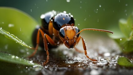 An ant with water droplets on its mouth high quality image
