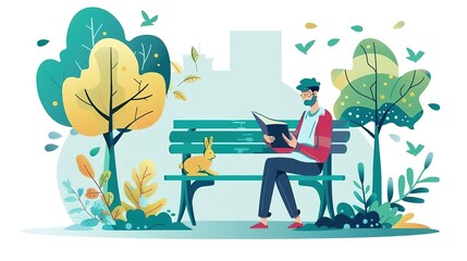 Fototapeta premium A man is sitting on a park bench reading a book