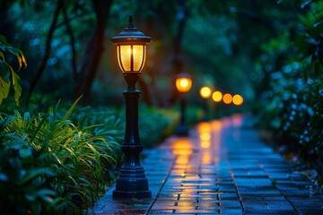 The stone path in the park is wet from the rain. The lanterns along the path are lit, casting a warm glow over the scene. The trees are reflected in the puddles on the path.
