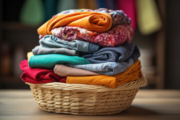 Heap of colorful clothes in basket on wooden table, close up