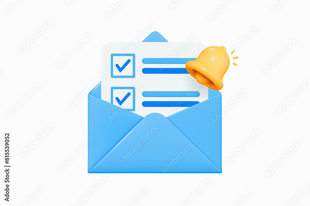 Poster 3d letter with completed task or checklist in envelope. open document by email. bell notification. n