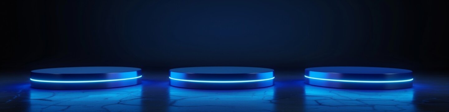 Vibrant blue color Product Podium, neon lighting minimalist platform background, Generated by AI