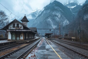 Fototapeta na wymiar Railway Station Nestled Among Mountains