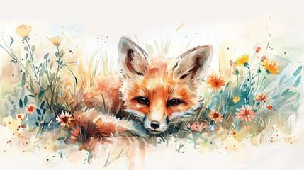 Fototapeta premium Watercolor of a cute baby fox nestled among wildflowers, its bright eyes and bushy tail painted with tender strokes