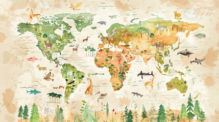 Fototapeta premium Watercolor of a world map featuring a hand-drawn style, with playful animals and lush natural elements marking different continents